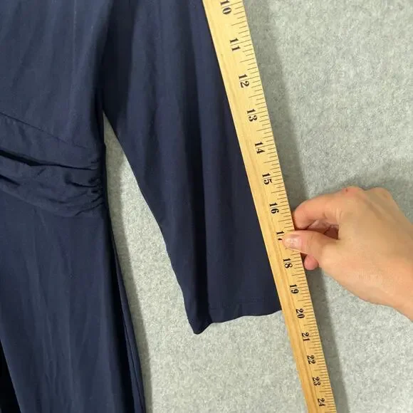 Talbots Dress Small Midi Navy Wrap Twist Ruched Modest Stretch Career Church